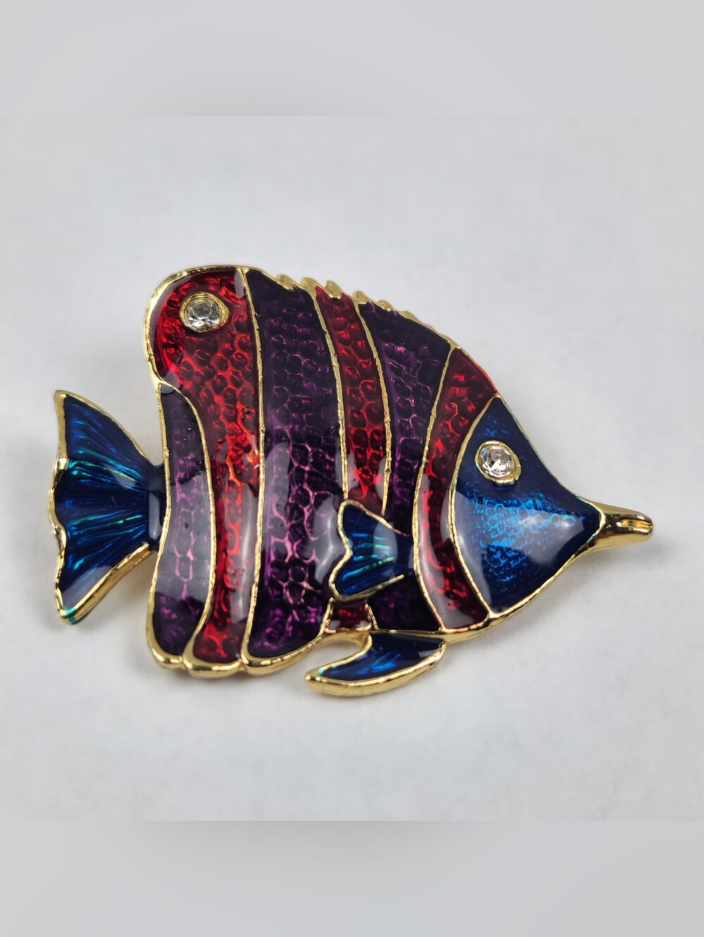Vintage Enamel Fish Brooch Gold Tone, Glass Eyes,‎ Red, Purple, Blue